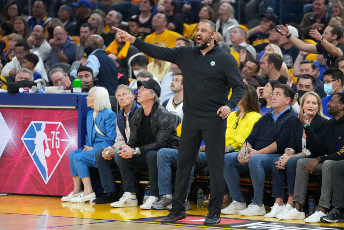 Boston Celtics head coach Ime Udoka (front) gestures from the bench. Kyle Terada-USA TODAY Sports